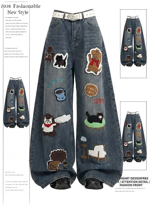 Retro American Cartoon Embroidered Washed Knife  Denim Pants Women's Loose Wide Leg Jeans Casual High Waist with Pockets