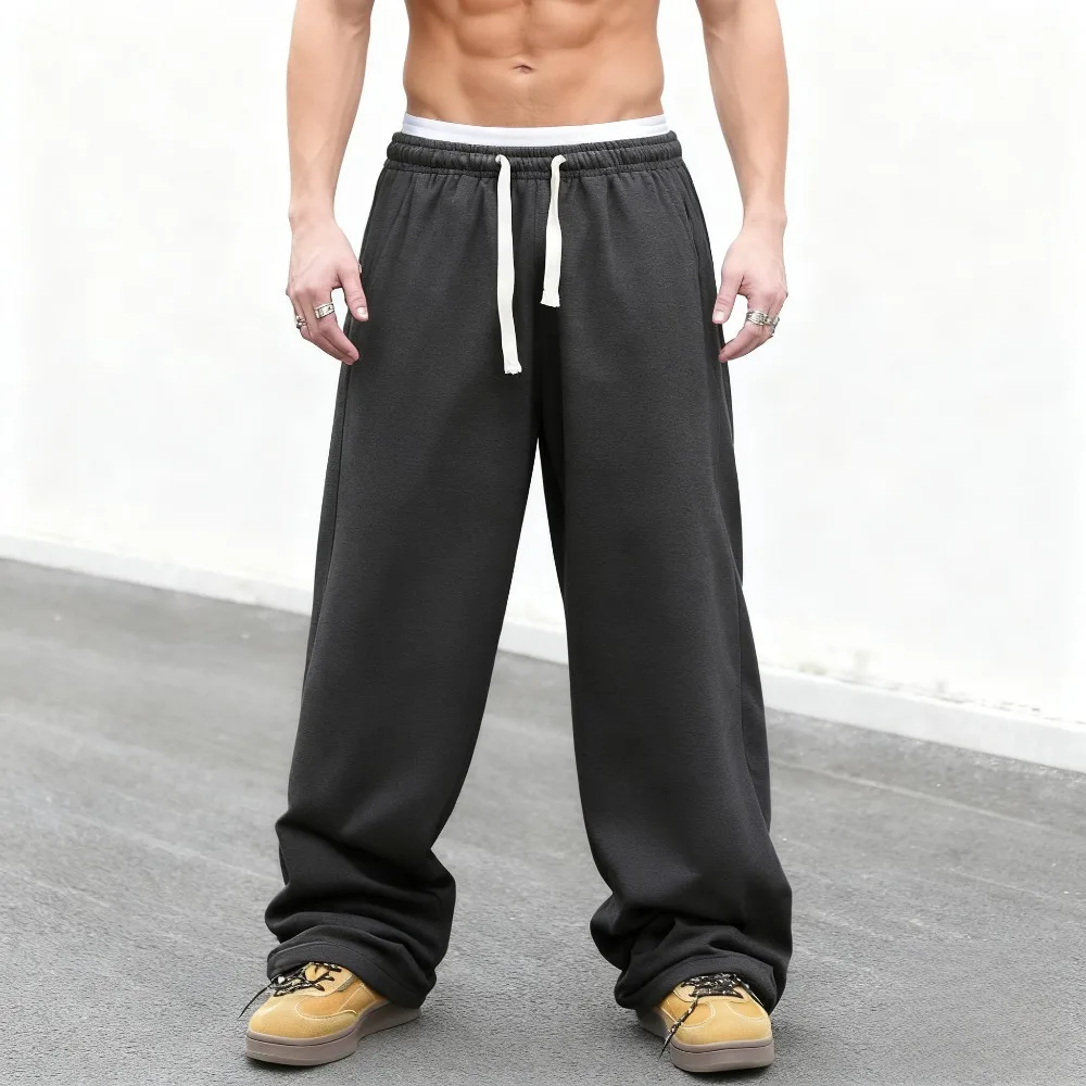 

Мужские осенние и зимние спортивные штаны с наклонными карманами, прямые вязаные хлопковые спортивные штаны, повседневные удобные уличные мужские брюки