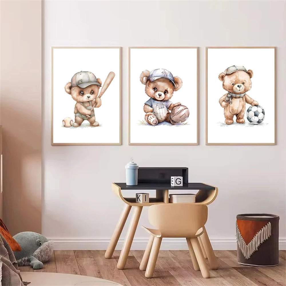 

Cartoon Sports Playing Soccer Baseball Teddy Bear Posters Wall Art Canvas Painting Nursery Print Pictures Kids Room Decoration