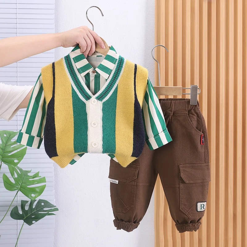 

Korean Baby Boy Outfit Set Spring Autumn Vertical Striped Cardigan Knitted Vest + Shirts + Pants Kids Designer Luxury Clothes