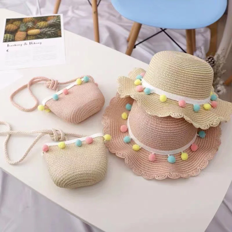 Chapeau de paille tissé pour enfants, protection solaire, ombrage, mignon, petite boule colorée, sac à documents solide, cool, été, plage, mode