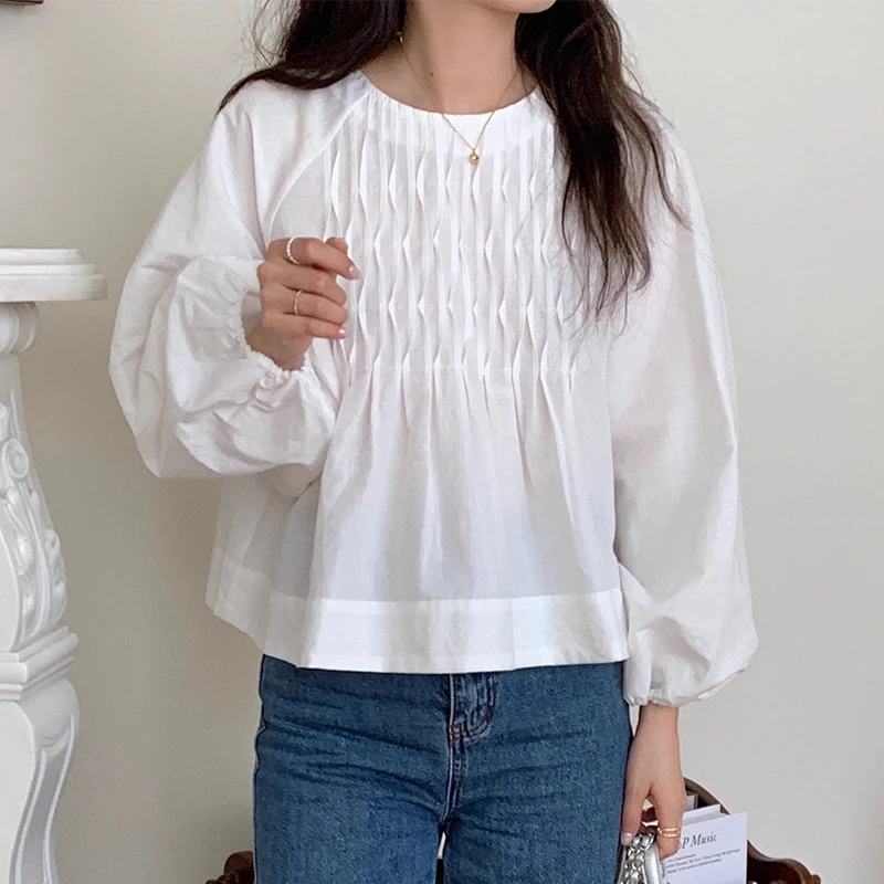 O-neck Folds Long Sleeve Blouse Shirts Women Simple Elegant Solid Loose Casual Top 2024 New Spring Korean All-match Camisas