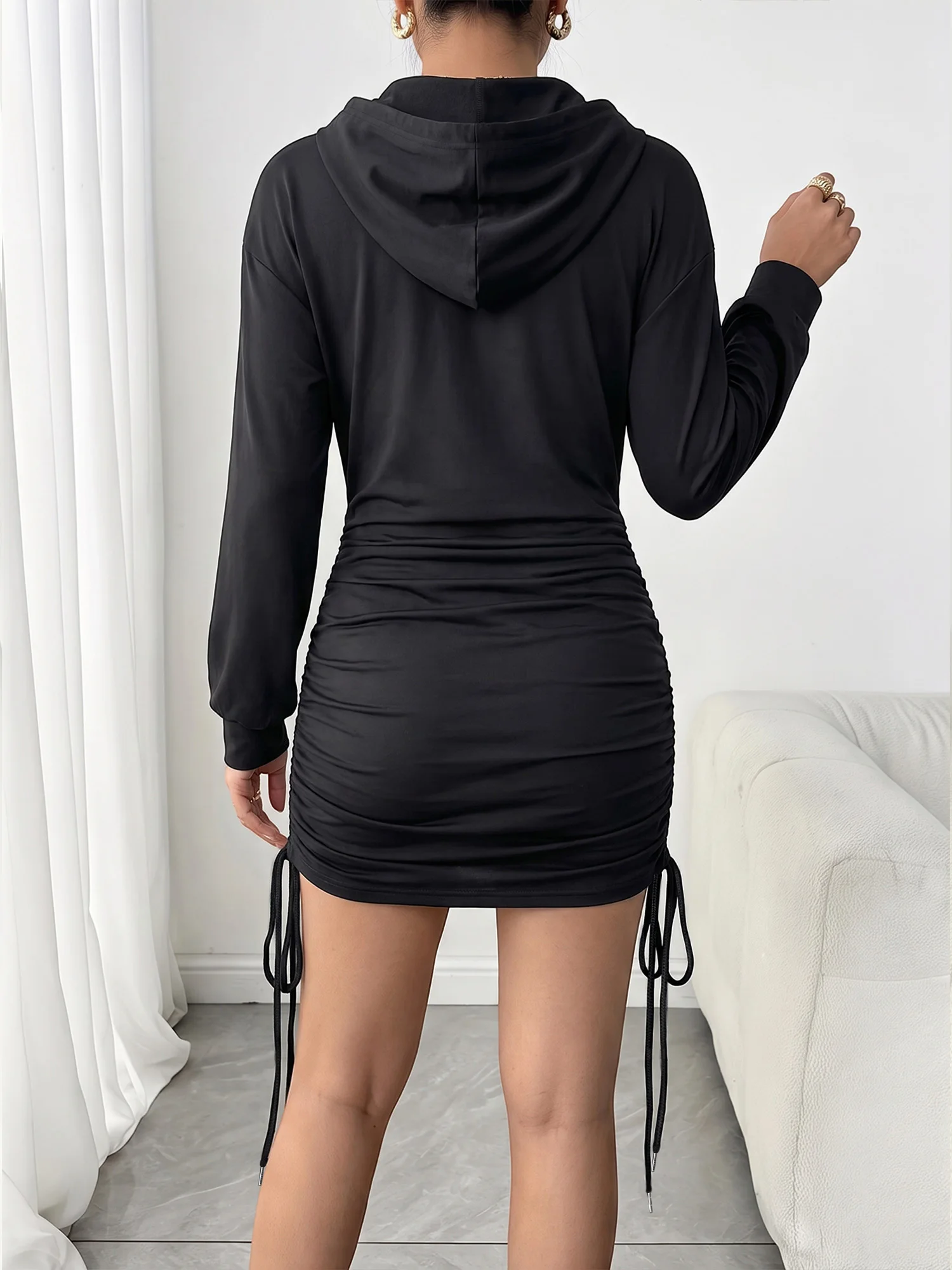 Y2K Street Women Hoodie Dress Long Sleeve Adjustable Side Drawstring Ruched Bodycon Mini Dress