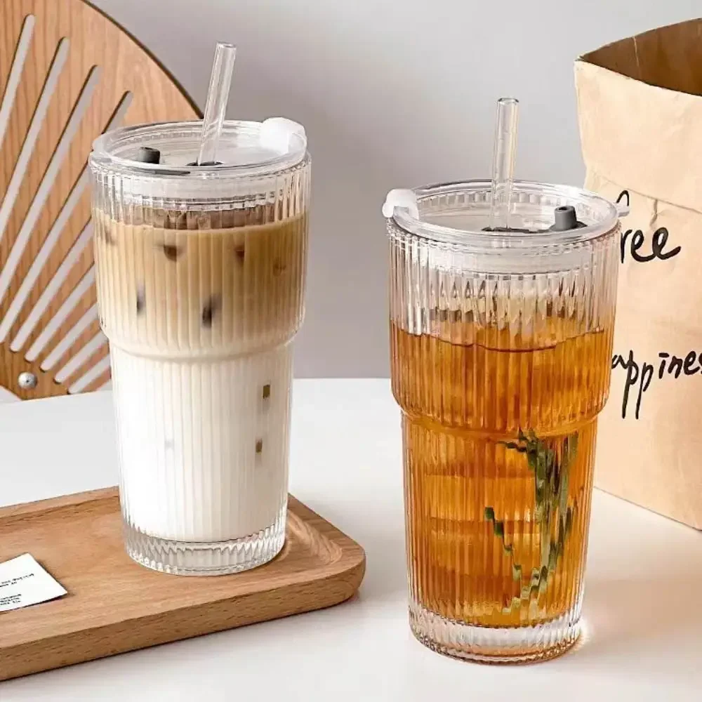 

600ML Striped Glass Coffee Cup, Glass with Straw and Lid, for Water Coffee Tea, Clear Drinkware