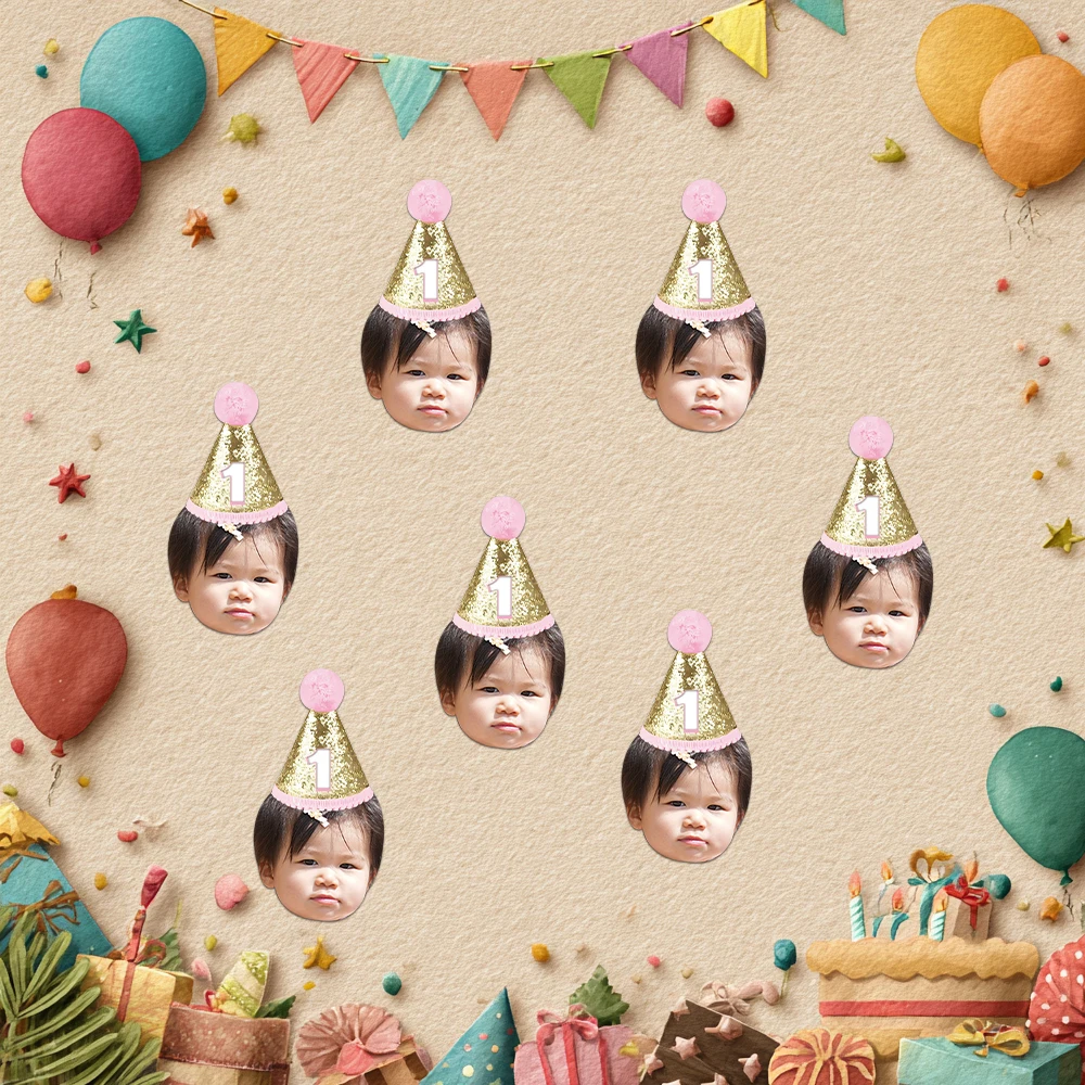 Custom Birthday party Face Photo Birthday Hat Banner Cupcake Toppers Stickers Straws for kids 1st Birthday party decorations view 6