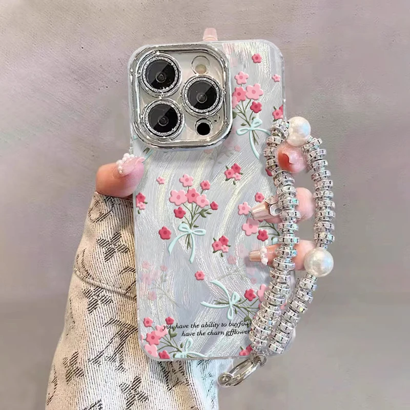 

Fresh Floral Bracelet Phone Case Suitable For Iphone 16 15promax 14pro 14 Plus 13 12 Glitter Feather Gauze Cell Phone Case