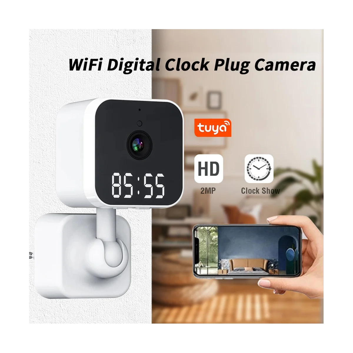 Tuya Wifi Camera with Digital Clock Indoor Home Security Night Vision Video Surveillance Wireless Motion Camera-US Plug