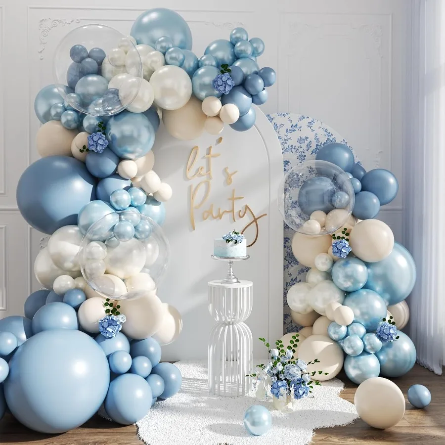 더스티 블루 풍선 아치 키트 103개 더블 스터프드 더스티 블루 펄 블루 화이트 샌드 화이트 클리어 풍선 다양한 크기 웨딩용