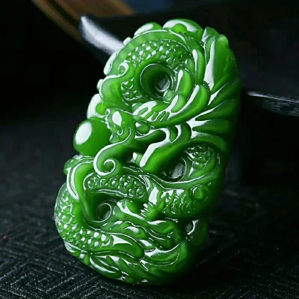 Zielony Naturalny Jadeit Hetian Smok Wisiorek Naszyjnik z Jaspisu Rzeźbiona Chińska Biżuteria Jadeitowa Amulet Szczęścia Prezent dla Kobiet i Mężczyzn — zdjęcie 6