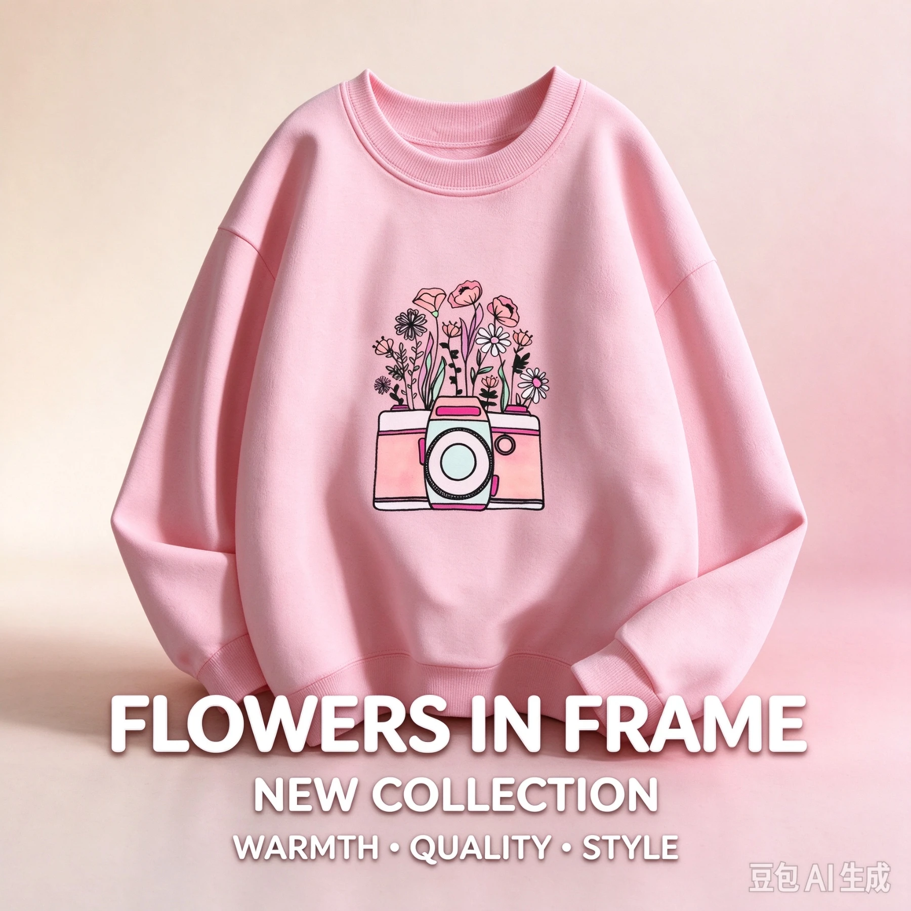 FLOWERS IN FRAME Camera Print Crewneck Sweatshirt  Kids Pullover Top