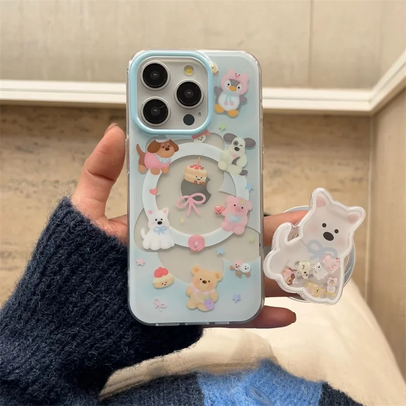 Kawaii Magnetic Stand Phone Case For iPhone 16 15 Pro 13 14 Pro Max Cover with Magsafe Card Holder Cases Cute Puppy Funda 16pro