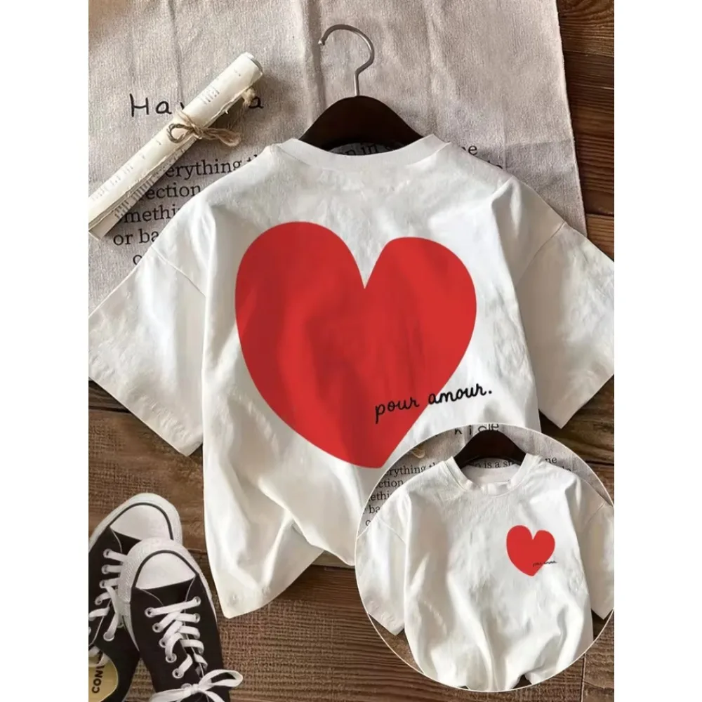 Pour Amour Large Back Heart Print T-shirt Women Casual Streetwear Daily Wear Cute Love Graphic Double Sided Short Sleeve Tops