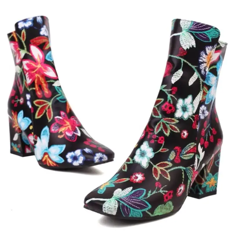 

Сексуальные женские ботильоны 2024, осенне-зимняя обувь, короткие ботинки с цветочным принтом, обувь для вечеринок, женская брендовая обувь, большой размер 45