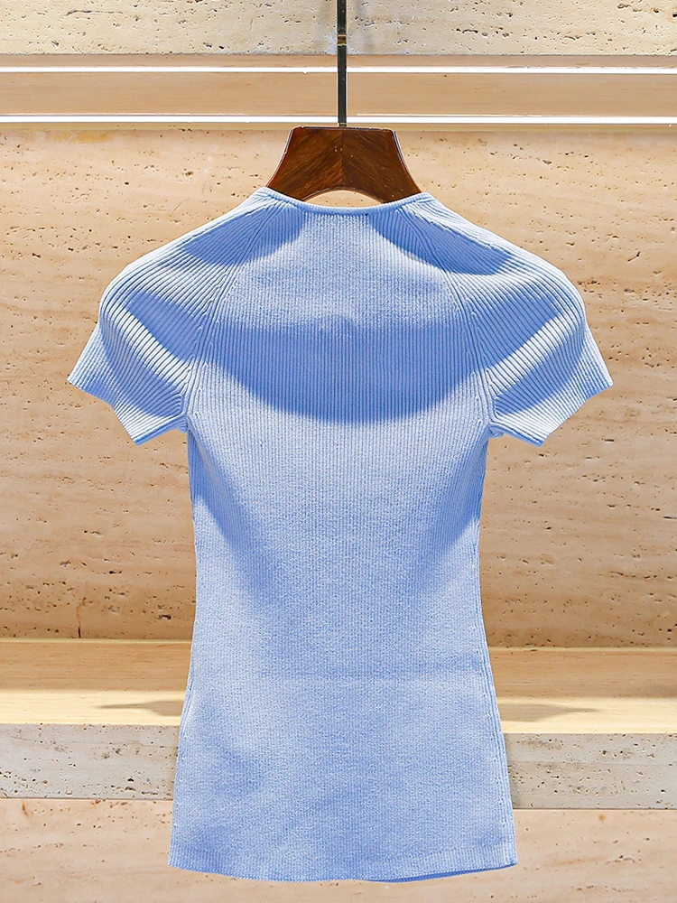 

M Home Nan You High End Women's Blue Knitted T-irt Slim Fit Soft Sle Spring Collection Ladies Faion Pure Color Top