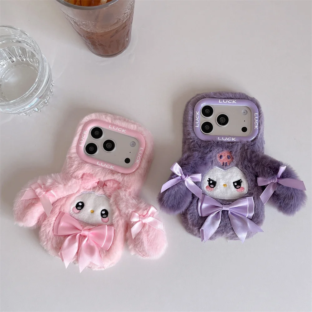 

Cute Plush 3D ​​Cartoon Kurome Melody Phone Case For iPhone 17 Pro Max 13 14 15 16 Plus Pro Cover Fluffy Warm Protective Cases
