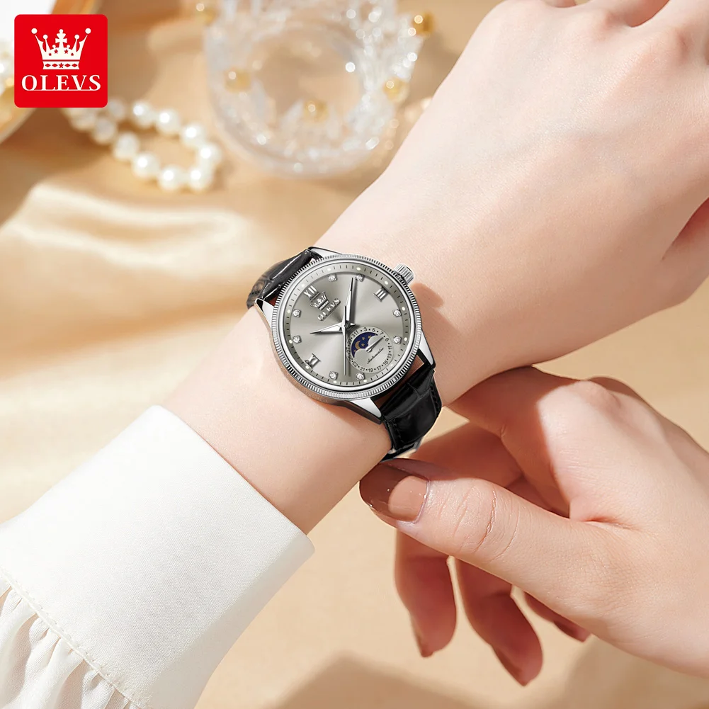 OLEVS 7039 Womens Watch Original Automatic Mechanical Wristwatch Leather Strap Reloj Mujer Waterproof Luminous Moon Phase Watch