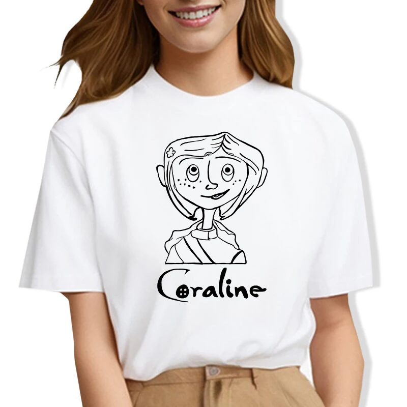 Coraline Print, women's Graphic Design Crew Neck T-shirt, Casual Comfy Tees For Summer