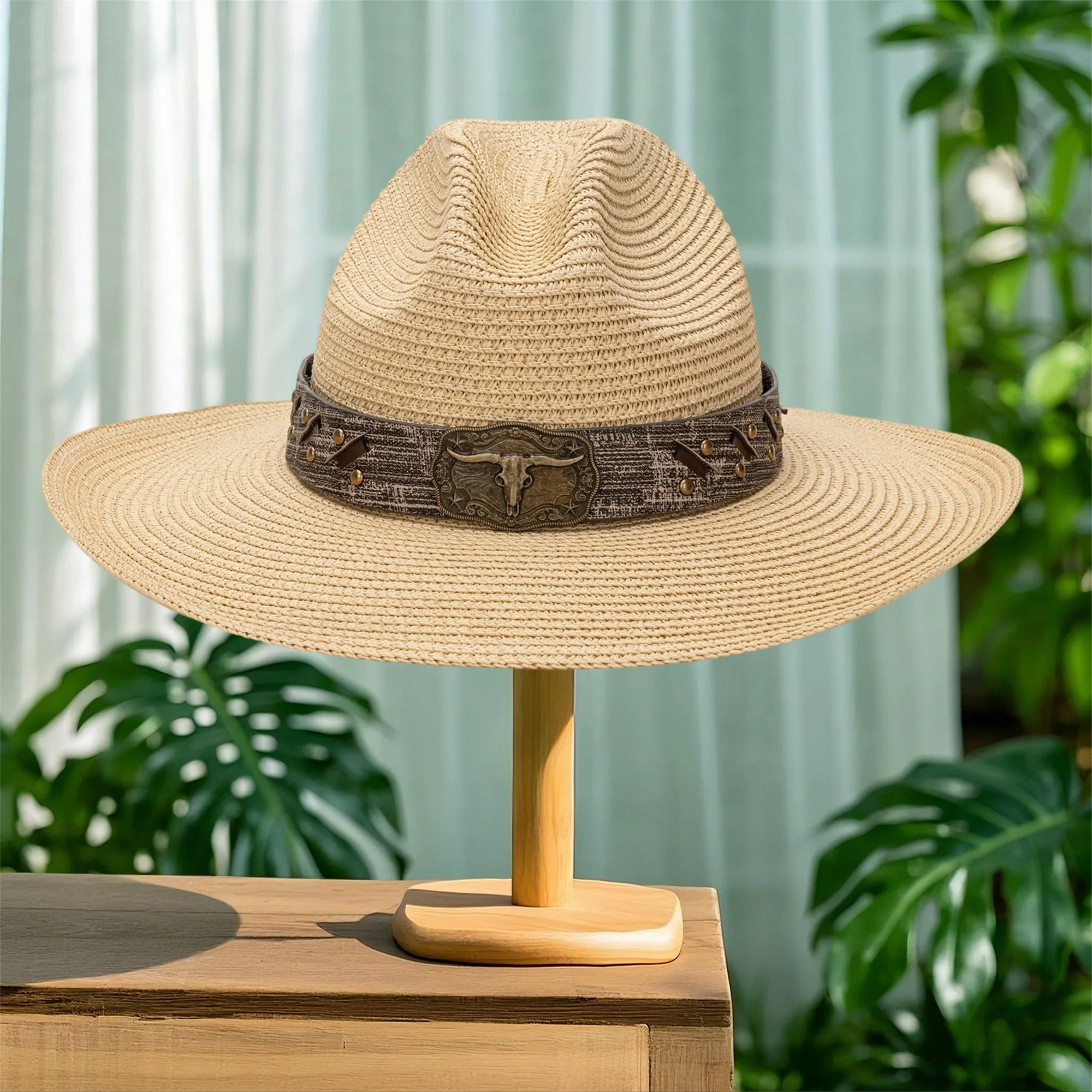 Sombrero de paja de verano para hombre con ala ancha y banda ajustable para la cabeza de oveja para protección solar y estilo en la playa
