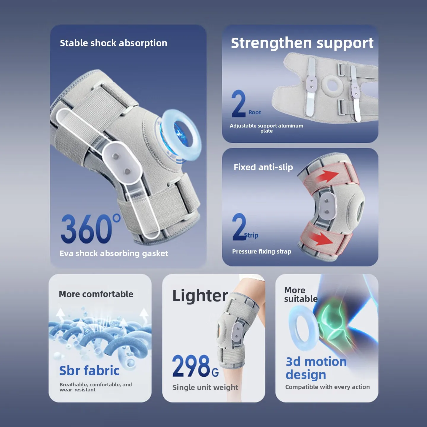 Knee Support Brace with Aluminum Plates Gray Single Piece for 40-70kg Meniscus Ligament Patella Fracture Recovery 무릎 보조기