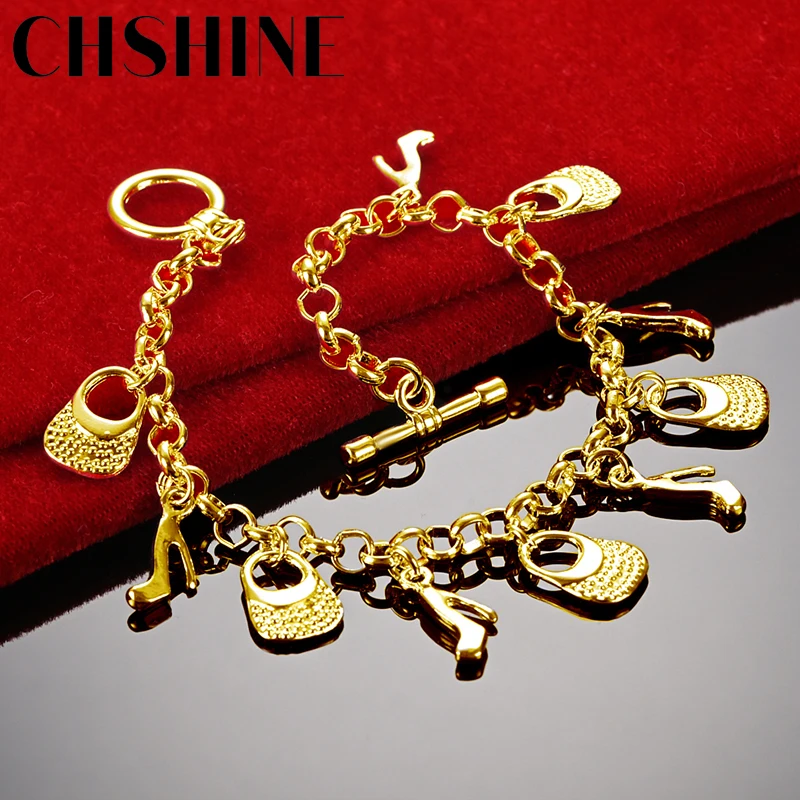 

CHSHINE 925 Sterling Silver Plated 18K Gold Bag High Heels Pendant Bracelet For Women Wedding Party Fashion Charm Jewelry