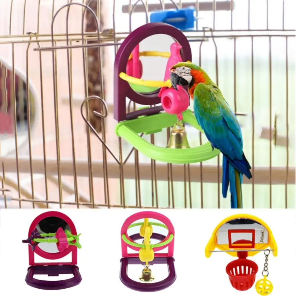 

Random Color Parrot Bell Toy with Mirror Hanging Removable Bird Cage Mirror with Bell Plastic Parrot Basketball Toy Canary