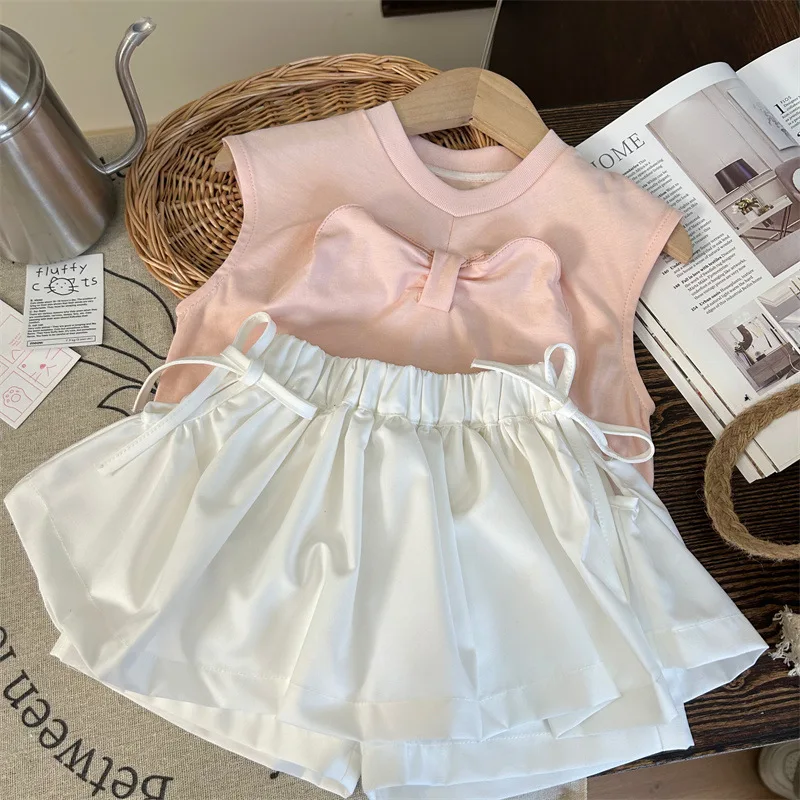 

Girls Blouse Korean Style Childrens Clothes 2024 New Summer Girls Knitted Vest Bow for Children Foreign Style Casual Simple