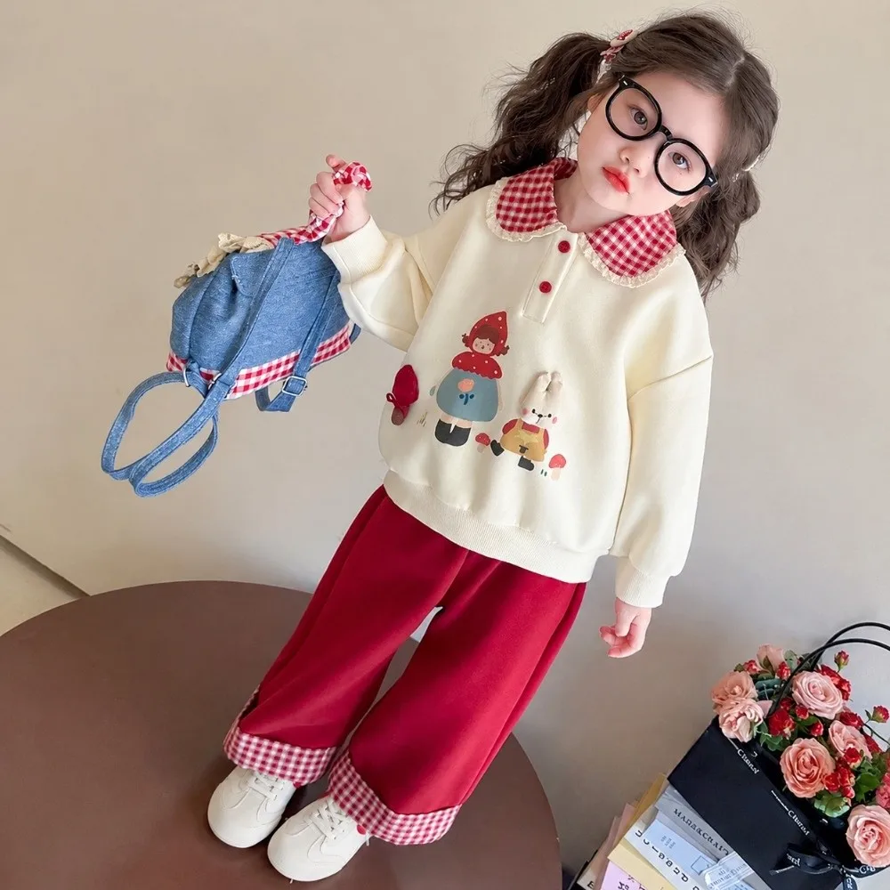 2PCS Girls Sweatshirt Suits Turn Down Collar Plaid Two-Piece Clothes Set Embroidery Straight Pant Children Clothing Set