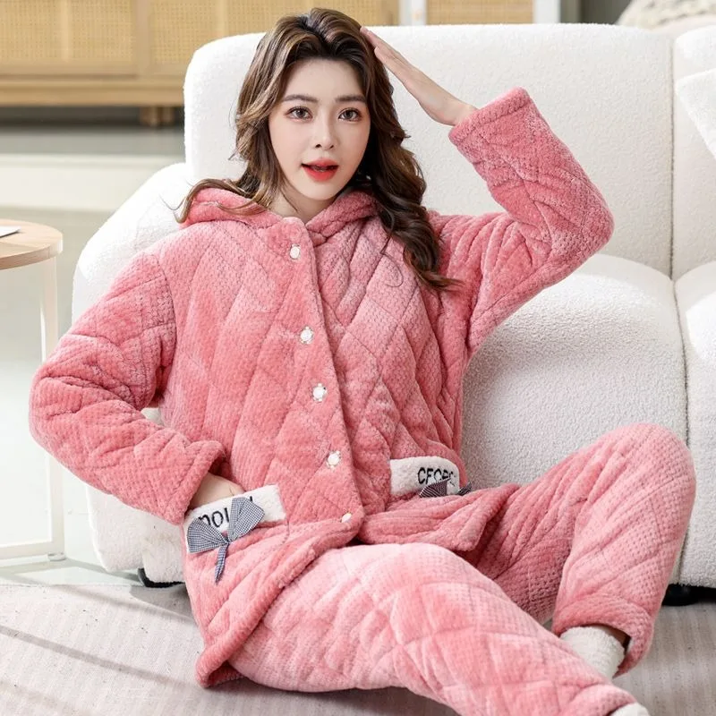 

Winter Girls Cotton Pajamas Sleepwear New Flannel Three-layer Thick Loungewear Set Women Warm Lovely Home Service Suit Pijama