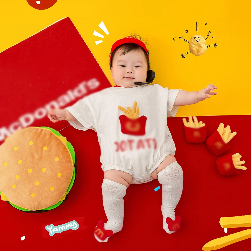 Costume de photographie de bébé 100 jours, style salle à manger, ensemble à thème, combinaison, chaussettes, chapeau, studio, bébé, fille, garçon,