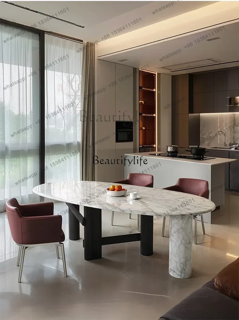Factory Direct Natural luxury stone dining table Light luxury designer Solid wood medium white marble dining table Oval