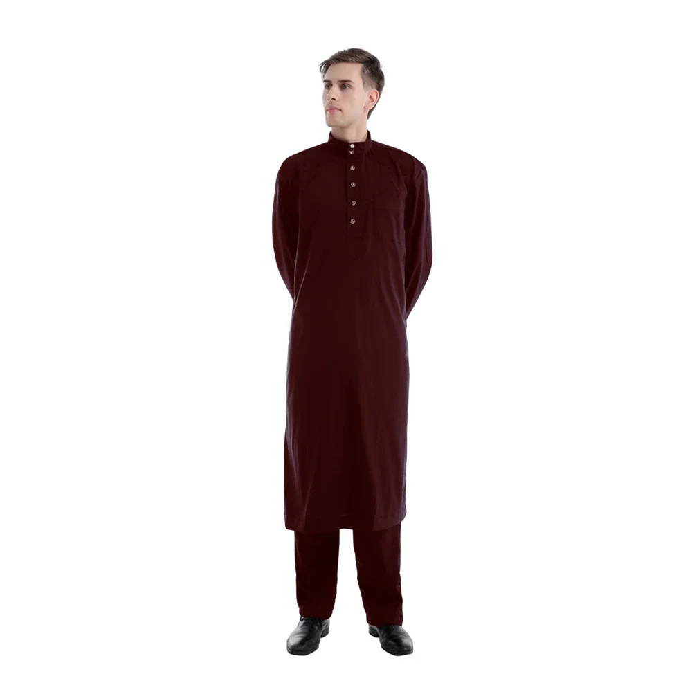 2PCS Arabia Arabo Uomini Jubba Thobe Abito Lungo Pantaloni Set Eid Ramadan Abbigliamento Islamico Musulmano Abaya Dubai Caftano Dishdasha Robe