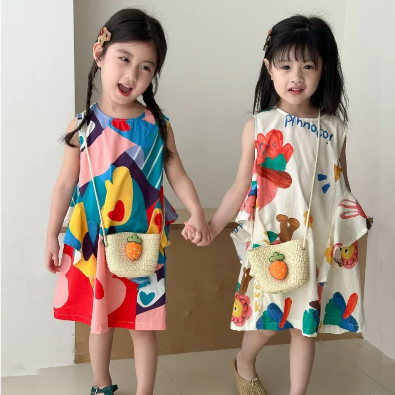 

Girls' Ruffle Edge Dress Summer Big Flower 2025 New Summer Sleeveless Dresses Kids Trendy Princess Dress with Bag Girl Outfit