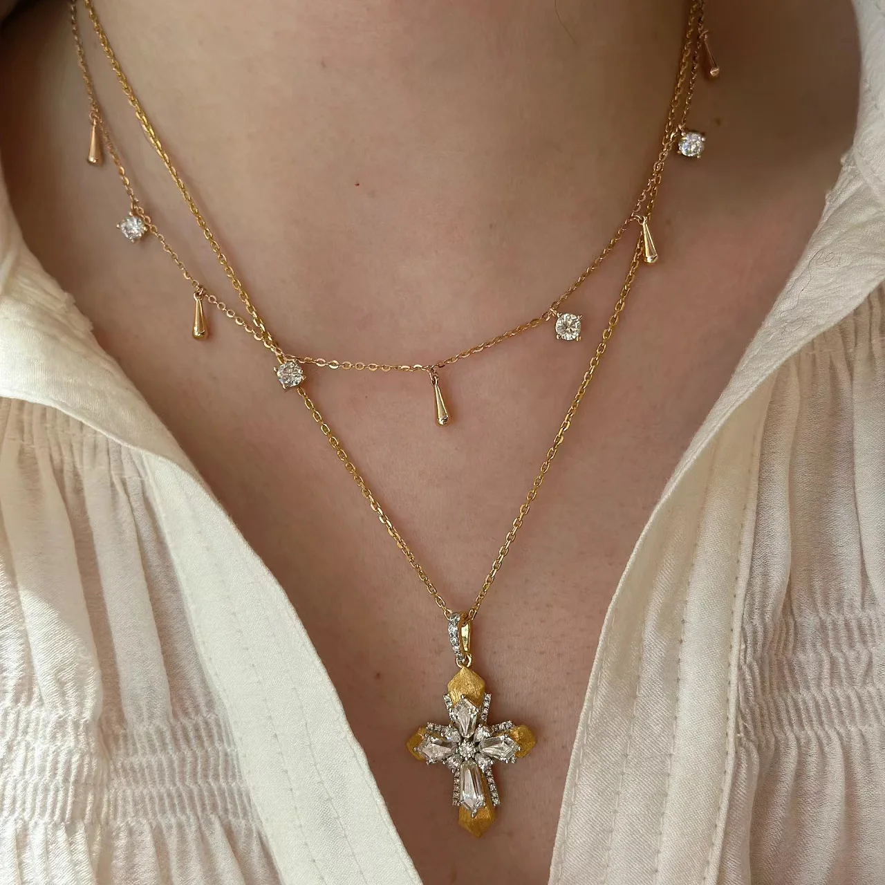 Italian Brushed Craft Cross Pendant Vatican Style Two Tone Gold Vintage Rupert's Tears Layered Necklace Women Jewelry