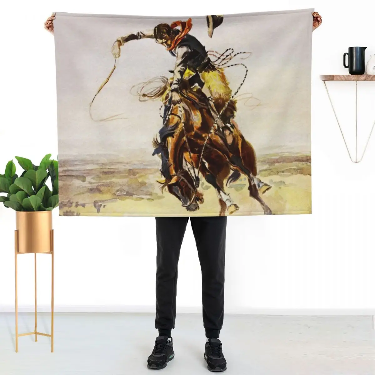 “A Bad Hoss” by Charles M Russell Throw Blanket Moving Personalized Gift Softest Custom Luxury Hair Blankets