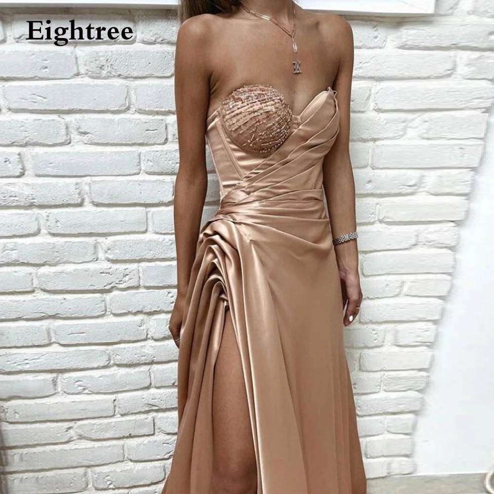 

Eightree Champagne Long High Side Slit Arabic Party Gown Evening Dresses Sleeveless Sweetheart Sequins Night Dress Prom Gowns