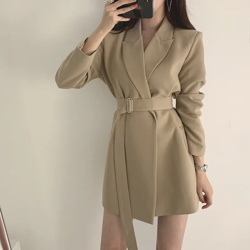 Small Suit Mid Long Chic Retro Belt Korean Version 2024 Casual Temperament INS Suit Jacket for Women