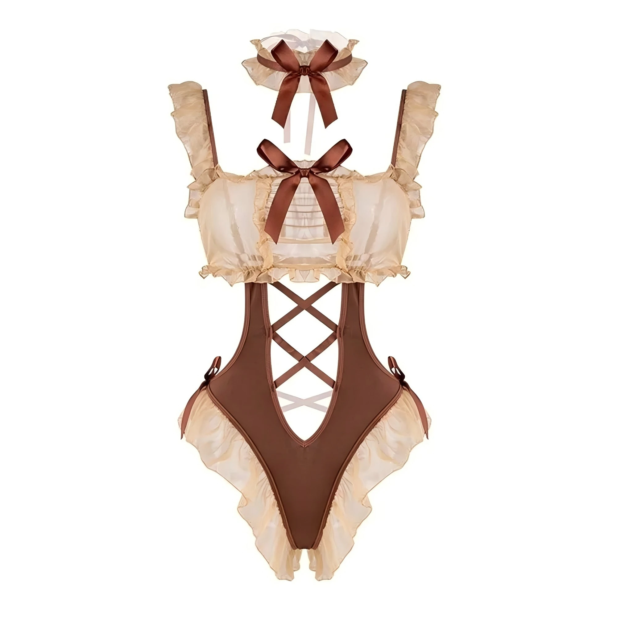 Pijama de lencería para mujer, estilo uniforme de sirvienta, ajustado, con falda, body de malla con volantes, mono transparente de malla con lazo y entrepierna abierta, con lazo y tirantes