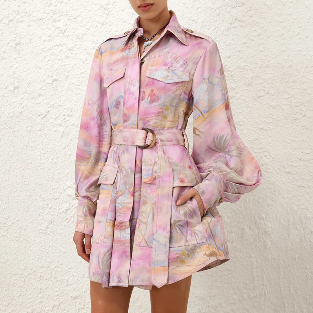 2025 High Quality Pink Beach Style Long Sleeve Coconut Tree Print Women Holiday Mini Dress