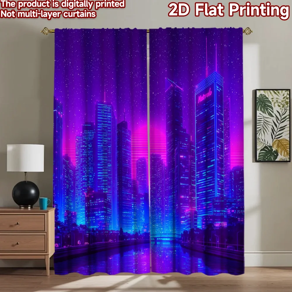 

2D flat printing 2pcs Drapes Cyberpunk Cityscape Neon Glow Digital Printed Polyester Drapes Festive Wall Decor for Booths Studio