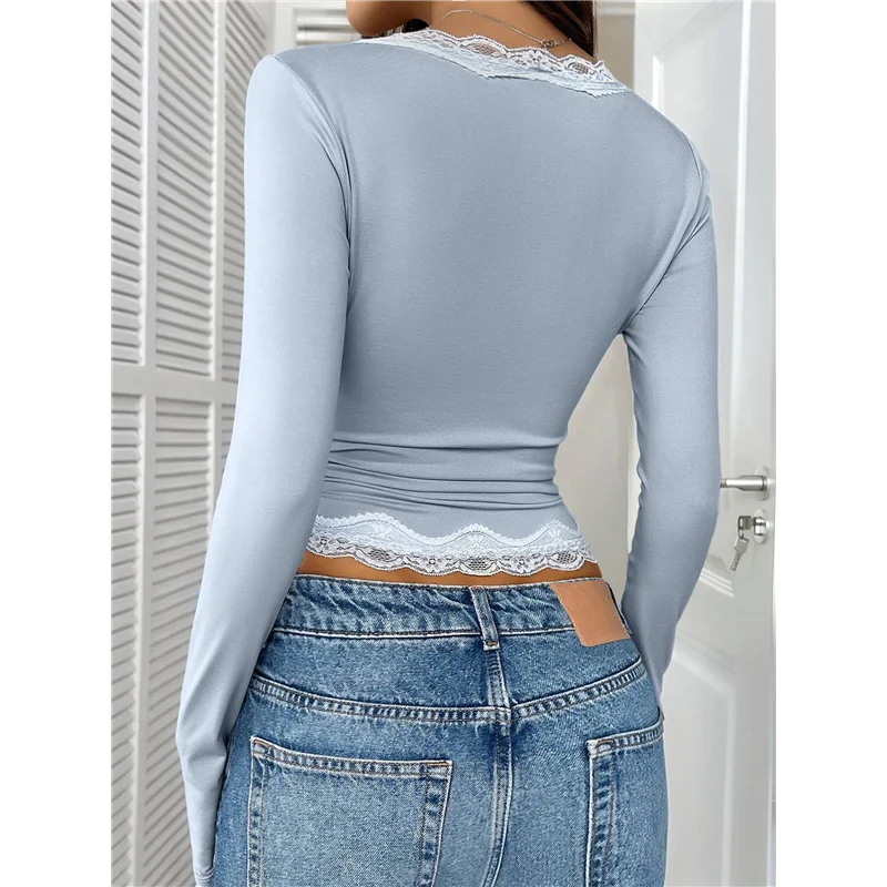 

ASDS-Women's Y2K Trendy Long Sleeve Top Chic V-Neck Blouse With Elegant Lace Trim Comfortable Shirt