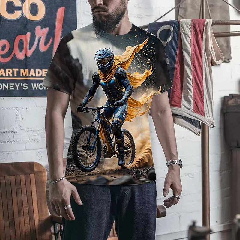 Męska modna koszulka T-shirt z nadrukiem 3D roweru górskiego, odzież uliczna, męska i damska koszulka rekreacyjna na lato z okrągłym dekoltem.
