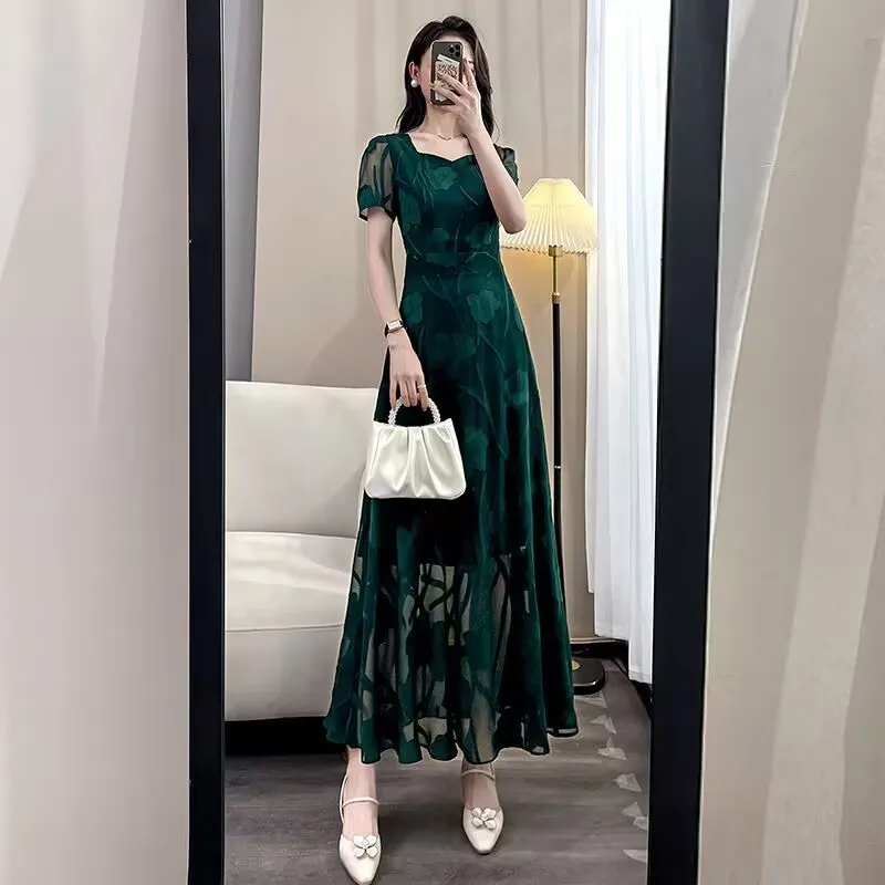 Vestidos de noche Vestidos para mujer Vestido recortado de gama alta Vestido largo de temperamento suelto con cintura de manga corta para primavera y verano para mujer