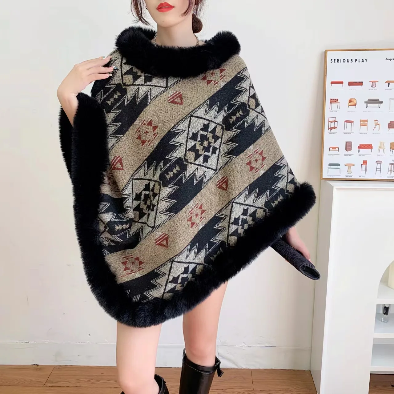 Cape European and American Cloak New Style Plaid Insulated Faux Fur Scarf Women's Jacquard Wrap Poncho