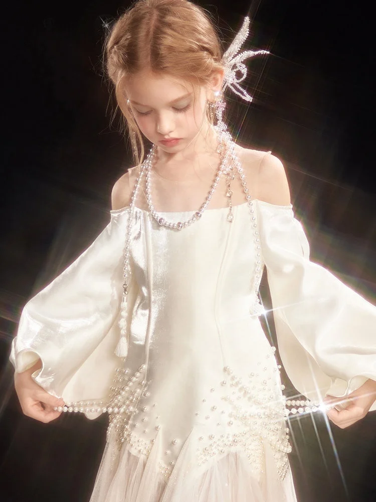 

Custom Flower Girl Dress Wedding Dress First Christmas Party Kids Off Shoulder Puff Sleeve Pearl Beaded Satin Tulle Dress Formal