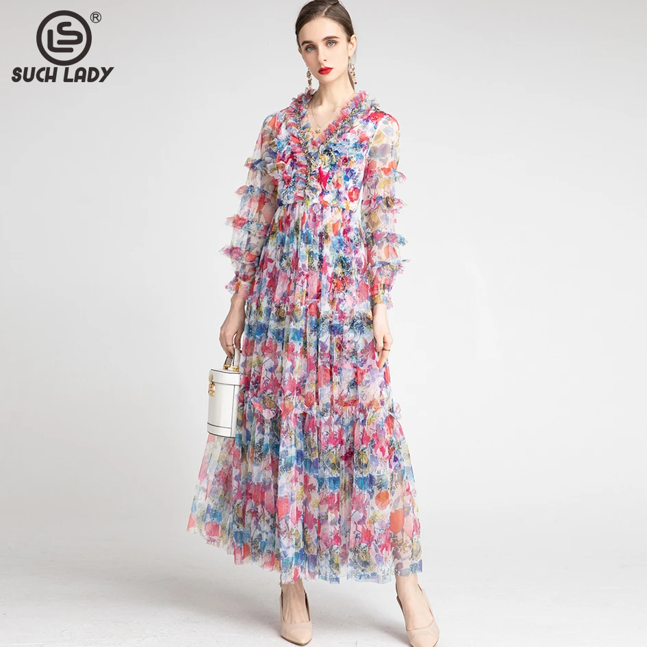 

Women's Runway Dress Sexy V Neck Long Sleeves Ruffles Printed Floral Fashion Maxi Designer Party Prom Dresses