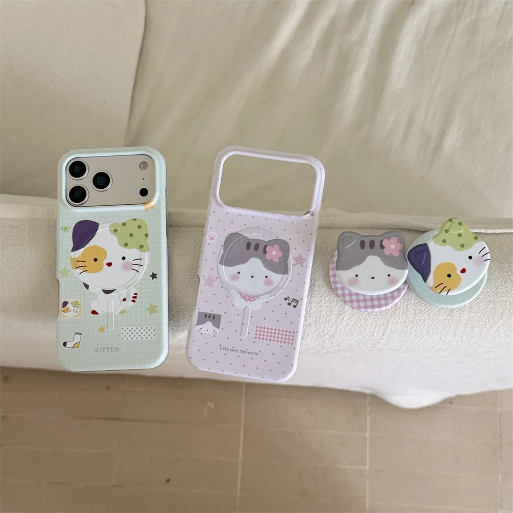 Cute Cartoon Kitten For Magsafe Phone Case For iPhone 15 16 17 18 Pro Max With Cat Socket Stand Shockproof Protective Cover