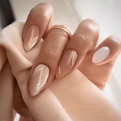 24Pcs Long Almond False Nails with Golden Lines Design Wearable French Press on Fake Nails Finished Oval Full Cover Nail Tips