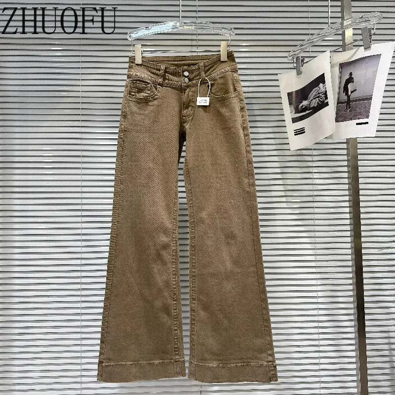 Casual Fashion Sewn Flanging Women's Straight-leg Pants 2026 Autumn New Solid Color Versatile Thin Denim Long Trousers Ladies