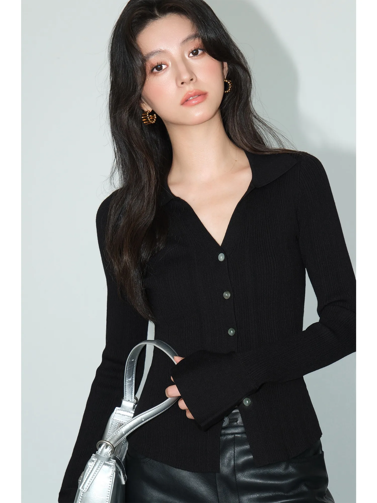 

NEVA HU Women's Slim Fit Knitted Cardigan Long Travel Bla V-ne Bell Sve Open-front Top Casual Sle Faion Design