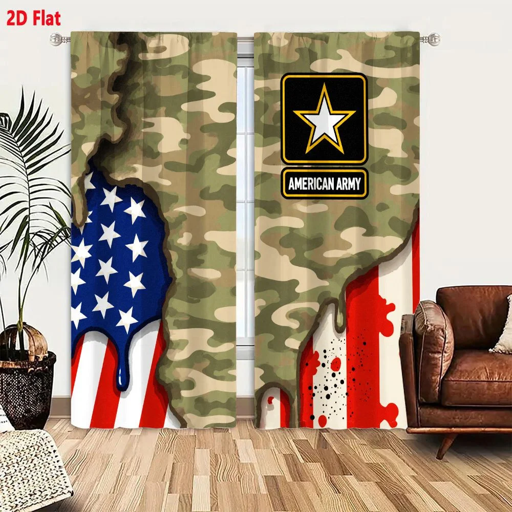 2Pcs Curtains 2D Flat AMERICAN ARMY Flag & Camouflage Military Fatigue Artwork With Dripping Stars Stripes & Blood Splatter Embl